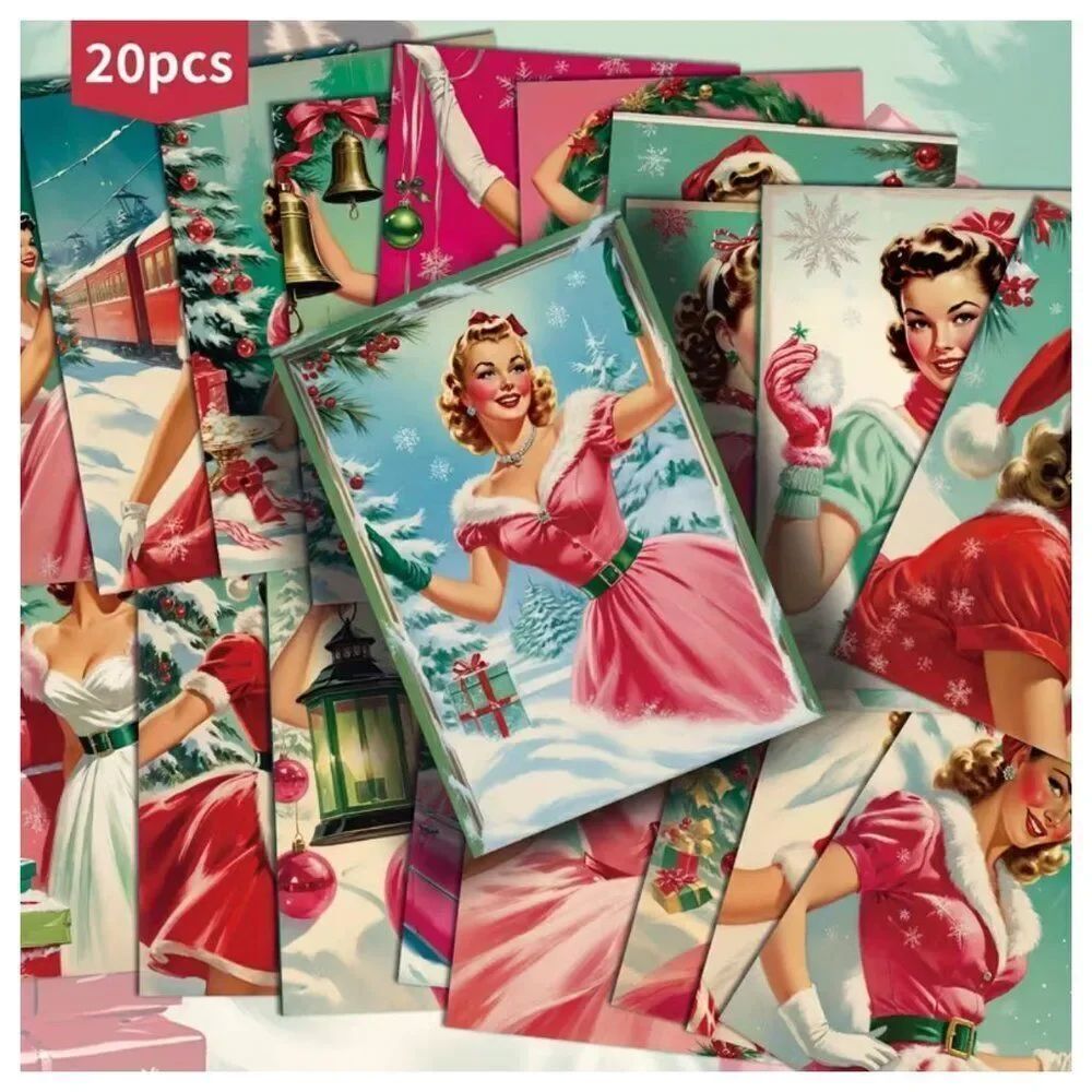 NWT 20pc Retro 1950s Christmas Postcards Pinup Girl Vintage Holiday Craft Pack